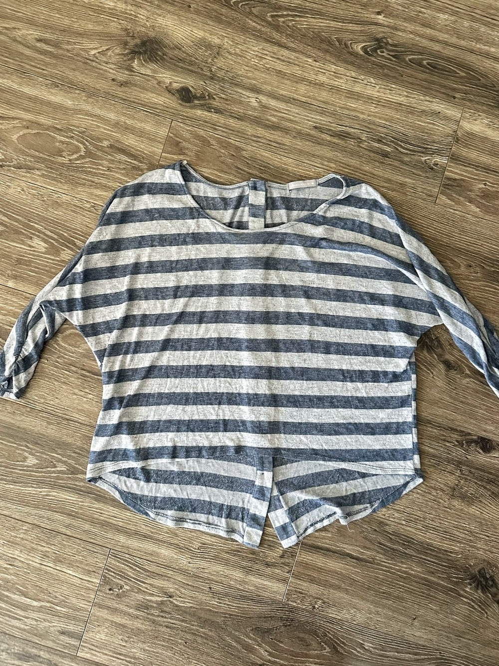 Olivia Moon Gray & Blue Striped Boatneck 3/4 Sleeve Top